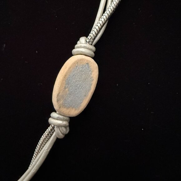 Chicos Beaded Fish 3 Strand Leather Chain Necklace Asymmetrical Silver Wood - Picture 5 of 9